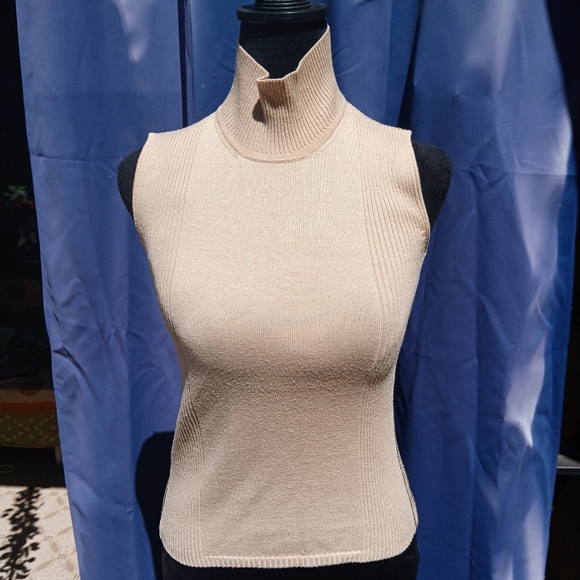 🖤 Salvatore Ferragamo Wool-Cotton Sleeveless Turtleneck Knit TopStripe Ribbo